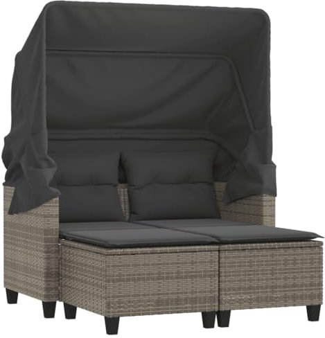 HETFTJN Dining Lounge Outdoor Gartensofa Gartenstühle Küchensofa - Gartensofa 2-Sitzer mit Dach und Hockern Grau Poly Rattan für Schwimmbad Terrasse Garten Balkon