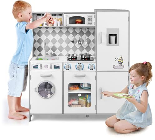HOMASIS Cucina Giocattolo per Bambini in Legno, Cucinetta per Bambino con Rubinetto, Lavatrice, Forno a Microonde e Fornello a Gas Sonoro e Luminoso, Cucina per Bambini da 3+ Anni (Modello 1, Bianco)