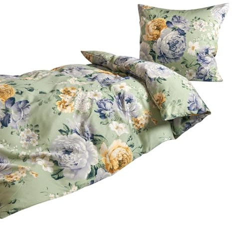 Traumschlaf Mako-Satin Bettwäsche ROSI Grün • Mako-Satin aus 100 % Baumwolle • Florales Design • Hautsympathisch & Glanzoptik • 155x220 cm + 80x80 cm