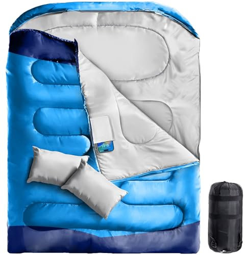 Double Sleeping Bag King Size Adult Two Person Camping Sleeping Bag Suitable for 4 Seasons Complete with Pillow & Internal Pocket for Hiking Indoor or Outdoor Adventures Cotton Blue