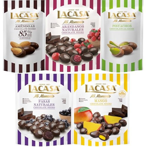 Lacasa Mi Momento pack de 5:Pistacho Chocolate Leche,Almendra 85% ,Arándano Chocolate Negro ,Pasas Chocolate Negro ,Mango Chocolate Negro