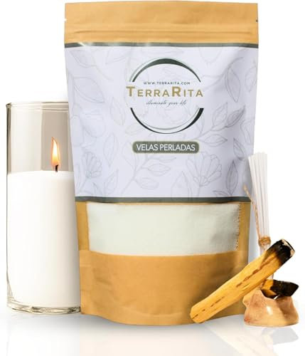 TerraRita – Kit para hacer velas de arena. | Kit velas perladas | Cera natural de origen vegetal | Sin parafina | Velas blancas sin necesidad de fundir ni tóxicos | Palo Santo de regalo (5Kg)