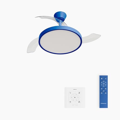 CREATE / WIND CLEAR STUDIO S/Ventilador de techo con luz azul cobalto con controlador de pared y mando / 40W, Aspas retráctiles, Ø 91 cm, 3 temperaturas de luz, función verano-invierno