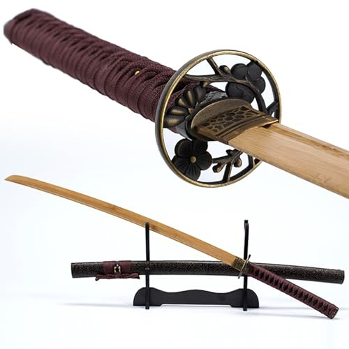 HJHUUA 103 cm Katana aus natürlichem Bambus,handgefertigtes Bokken mit lederumwickelter Holzscheide,Samuraischwert aus Holz als Geschenk,Ausstellungsstück,Training,Cosplay oder Requisite.