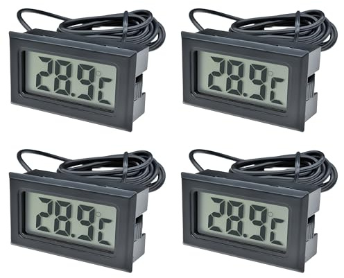 Digitales LCD-Thermometer, Temperaturmonitor mit externer Sonde, Wassertemperatur-Thermodetektor, Temperatur-Feuchtigkeitsmessgerät für Kühlschrank, Gefrierschrank, Aquarium, Schwarz, 4 Stück