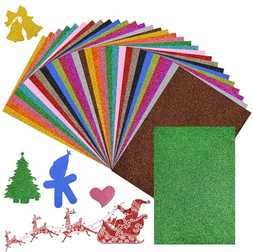 Zuxbolf 30 Stück Moosgummi Glitzer Glitzerpapier 29*21cm Glitzerschaumblatt | zum Basteln Moosgummiplatten Bunt Bastelpapier Glitzermoosgummi für DIY Bastelarbeiten Handwerk Scrapbooking Party Deko