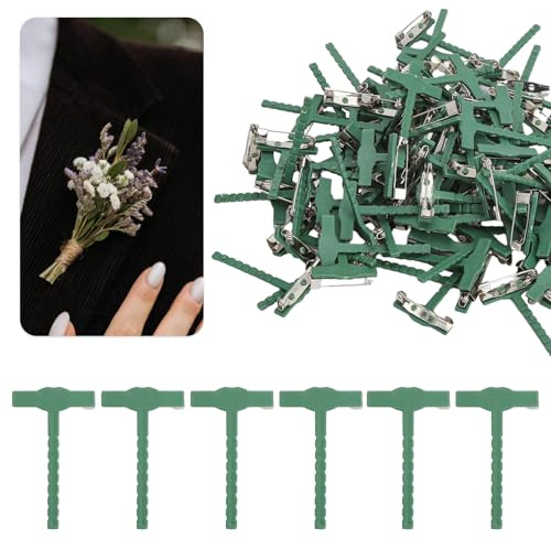 VOSSOT 100 Stück Anstecknadel aus Kunststoff, Grün Anstecker Hochzeit Sicherheitsnadel, Anstecknadel Herren Anzug, Dreieck-T-Plastikbrosche für Basteln DIY Hochzeit Blume Bräutigam Brosche