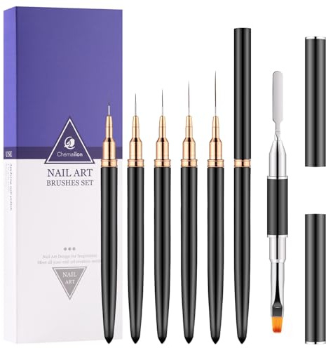 CHEMAILON 6Pack Nail Art Liner Brushes,Dual-Ended Nail Art Brush for Poly Extension Sculpture Gel, Nail Dotting Drawing Tool For Long Lines, Thin Details, Fine Drawing Sizes 7/9/11/15/25 mm