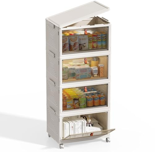 NETEL Aufbewahrungsbox mit Deckel, 47L 4 Stück Boxen Aufbewahrung,stapelboxen mit deckel,Faltbare Aufbewahrungsboxen mit Tür und Rollen,klappbox,Geeignet für Schlafzimmer, Wohnzimmer und Küchen,weiß