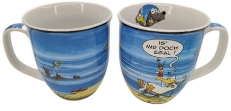 Generisch Hösti Porzellan Becher Is mir doch egal, Blau mit Comic-Design, ca. 10x9cm, Trinkbecher mit lustigem Spruch