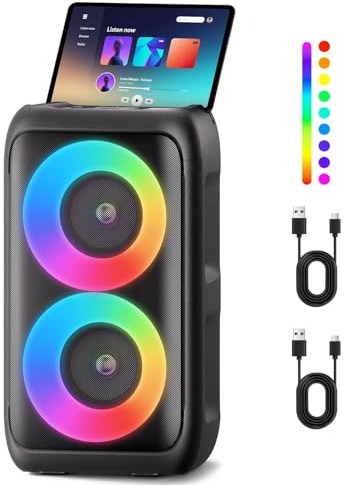 Musikbox Bluetooth Groß mit 2 Mikrofonen, tragbarer 3-in-1 Bluetooth Lautsprecher, Partybox Bluetooth mit Licht, Party-Lautsprecher Outdoor Indoor, Außen-Lautsprecher für TV, Smartphone und Tablet