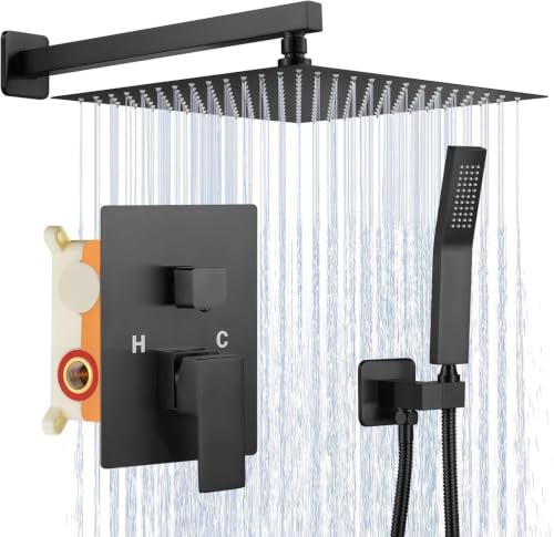 Grifo Ducha Negra Empotrada, Acero Inoxidable 304, 10 Pulgadas | 360° Duchas de Bano, Rociador Efecto Lluvia, Ajuste de Agua Fría y Caliente, Conjunto Grifo Duchas de Alta Presión