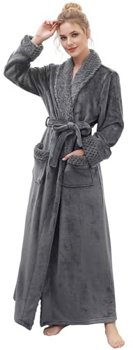 Hellomamma Long Bath Robe for Womens Plush Soft Fleece Bathrobes Nightgown Ladies Pajamas Sleepwear Housecoat Grey L-XL
