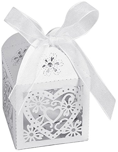 Little Snow Direct 20pcs Love Heart Luxury Boxes With Organza Ribbons Wedding Party Favour Laser Cut Sweets Cake Candy Gift Favor - White