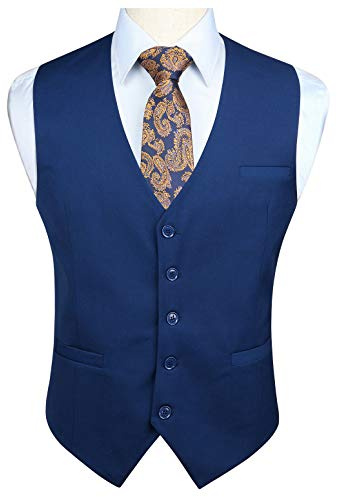 Hisdern Men's Formal Party Wedding Business Cotton Waistcoat Solid Color VestM(Chest 41 )Navy Blue-1