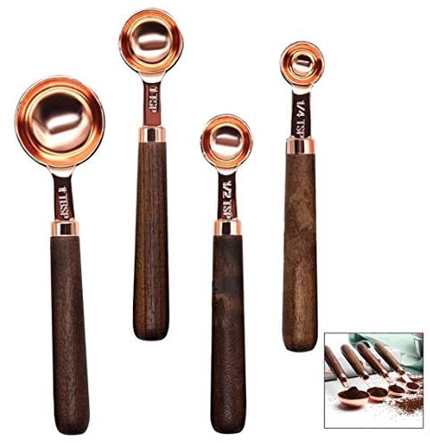 iwobi 4PCS de cucharas medidoras de Cobre, con Mango de Madera para su hogar cocina Cucharada Accesorios de Cocina para Hornear
