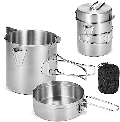 Lixada Camping-Kochkessel, 1 l, Edelstahl-Topf mit faltbarem Griff und doppelter Abdeckung, tragbar für Wandern, Rucksackreisen, Picknick