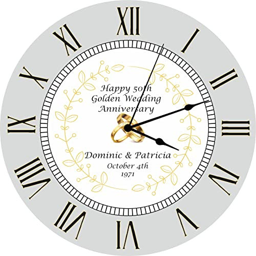 Precision Designs Unique Personalised 50th Golden Wedding Anniversary Clock - Size 30cm Silent Wall Mountable with Roman Numerals - Special Wedding Gift