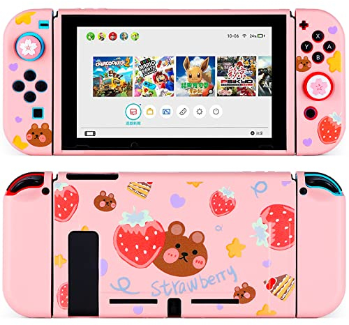 Tscope Niedliche Schutzhülle für Nintendo Switch, Dockable Soft Shell Stoßfeste Hülle Joy Con Skin mit Erdbeerbär-Muster & Daumenkappen, Anti-Kratzer