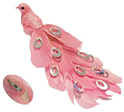 21cm Long Beaded Tail Peacock Clip on Bird Christmas Tree Decoration - Pink