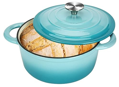 COOKWIN Cast Iron Dutch Oven, 3 L Round Dutch Oven Pot with Self Basting Lid for Home Baking, Braiser, Cooking, Great Christmas Gifts for Family,Teal