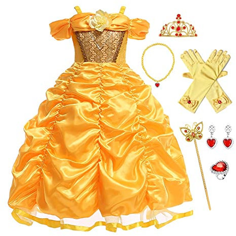 FMYFWY Costume da Principessa Belle Ragazze Bellezza e la Bestia Carnevale Costumi Vestito da Festa Fantasia Vestono Natale Halloween Compleanno Cerimonia Abiti con Accessori 8-9