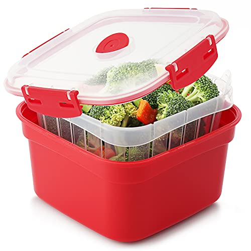 3 Piece Microwave Steamer Basket with Removable Strainer - 2 Liter Microwave Staemer for Vegetables, Broccoli & Fish - BPA Free Veggie Steamer with Airtight Locking Lid