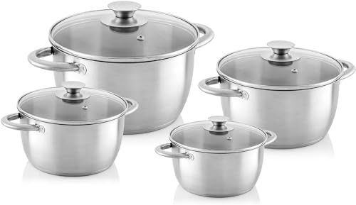 FLORINA Juego de ollas HENRY | Juego de 8 piezas Acero inoxidable | Juego de cacerolas con tapa de cristal | Ollas Cocina de inducción, cocina de gas, cocina eléctrica