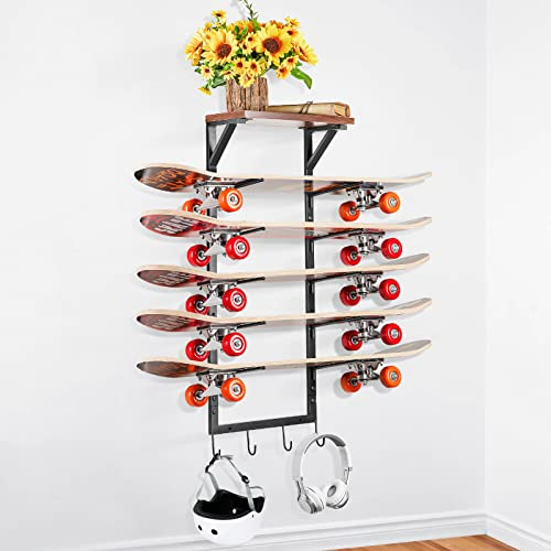 Jitnetiy Skateboard Wandhalterung Skateboard Rack Fünf-Layer Skateboard Ständer mit 4 Haken für Deck Longboard Standard Skateboard Mini Cruiser Skateboard