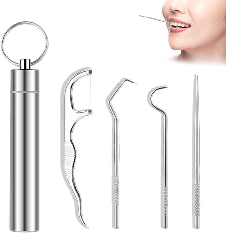 LZZEM 4Pcs Stainless Steel Toothpicks Set Portable Toothpick with Keychain Box Reusable Metal Toothpicks Cleaning Tooth Hook Scraper Pick Teeth Tool for Outdoor Picnic Camping Traveling