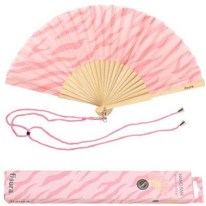 Fisura - Original handheld folding fan with pattern .wooden fan. Original holding Hand Fans. Birthday Gifts Wedding Party Decoration. Fan with hanger included (Tiguer, pink)