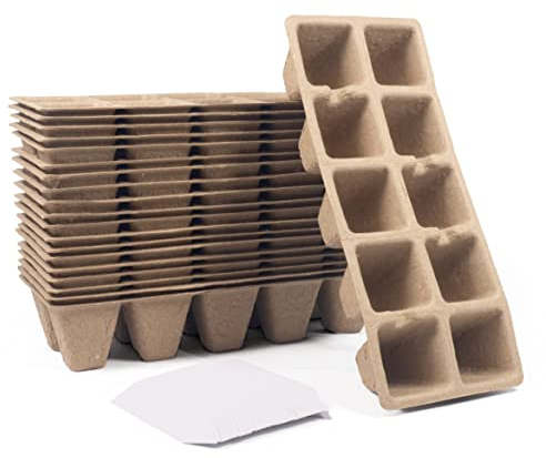 Greenology 20 Trays x 10 Cells (200 cells) Seed Germination Biodegradable Paper Pulp Starter Trays with 40pcs Planting Labels for Vegetable, Herbs, Succulents, Bonsai Seedlings