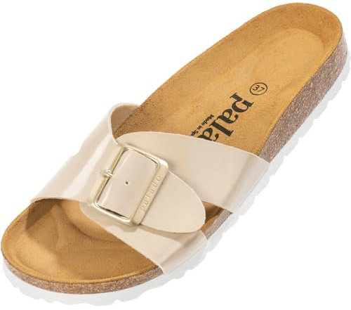 Palado Pantoletten Damen Tinos - bequeme Sandalen Made in Spain - elegante Hausschuhe mit Kork-Fußbett - modische Sommerschuhe Beige Lack UK8 - EU41