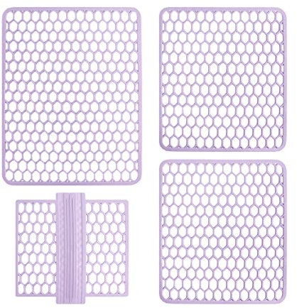 Set Tappeti Lavello 4 Pezzi Salva Lavandino Parabordo Scolapiatti Colorati Gomma (Lilla)