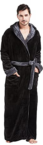 FashGudim Men's Hooded Plush Robe with Black Trim Full Length Plush Long Robe for Men Big and Tall Warm Fleece Bathrobes House Robes