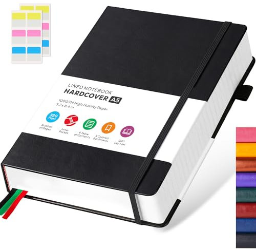 FOCUS DAY Notizbuch A5 Liniert, Tagebuch Leder, Hardcover 320 Seiten Dickes Journal Notizblock für Erwachsene Arbeit, Schreiben, Notizen, Lernen, Reisen, 14 x 21 cm, Schwarz