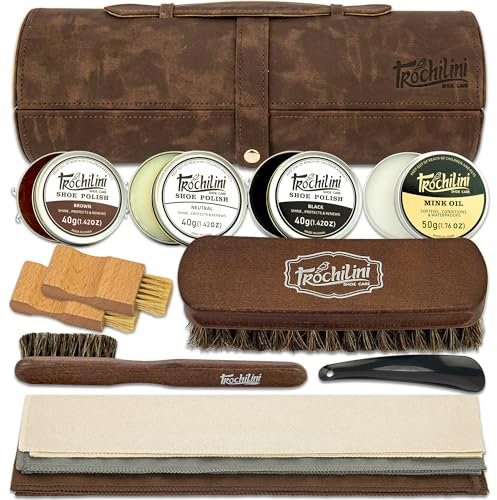 TROCHILINI Shoe Shine Kit - 12PC Set w/Leather Shoe Polish Kit, Mink Oil, Brushes and More for Gentle Care and Cleaning, Brown, M