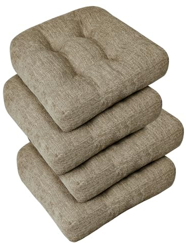 downluxe Chair Cushions for Dining Chairs 4 Pack, Tufted Indoor Chair Pads with Non-Slip Bottom, U-Shaped Kitchen Chair Cushions, 17x17x4, Khaki