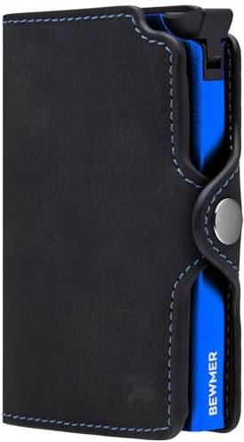 BEWMER Porta Carte di Credito 1 Schermato | Portafoglio Slim da Uomo e Donna | Porta Tessere e Documenti con Rfid Protection e Fermasoldi in Carbon Fiber (NeroElettricoBlu Senza zip)