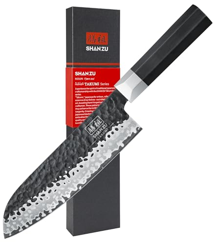 SHAN ZU Santoku Knife 19cm, Japanese 10Cr15MoV High Carbon Stainless Core, 7-Layer Hand Forged, Professional Kitchen Knife, Ultra-Sharp, Ergonomic Octagonal G10 Handle