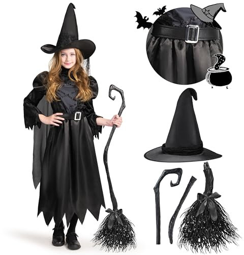 Spooktacular Creations Girl's Black Witch Costume for Halloween Party With Broom (X-Large(12-14yr))