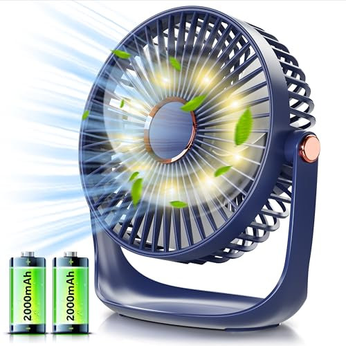 BoriYa Desk Fan Small - Silent & Powerful USB Table fan with LED Light,4000mAh Battery Powered Desktop Fan Rechargeable,Quiet Bedside Fan for Sleeping,6 inch Portable Wireless Desk Top Fan for Bedroom
