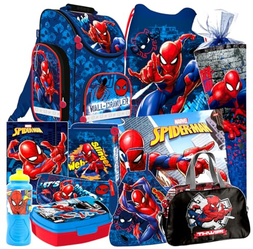 Spiderman kompatibel mit Spider-Man Spinne 11 Teile Set Schulranzen Ranzen Federmappe Tornister Tasche Sporttasche Schulrucksack Schultüte 85 cm mit Sticker-von-Kids4shop mj