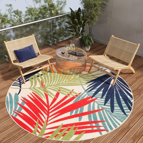 TAPISO Patio Rund Teppich Outdoor Indoor Creme Mehrfarbig Blätter Wetterfest Sisaloptik Strapazierfähig Wohnzimmer Terrasse Balkon ÖKO-TEX 120 x 120 cm