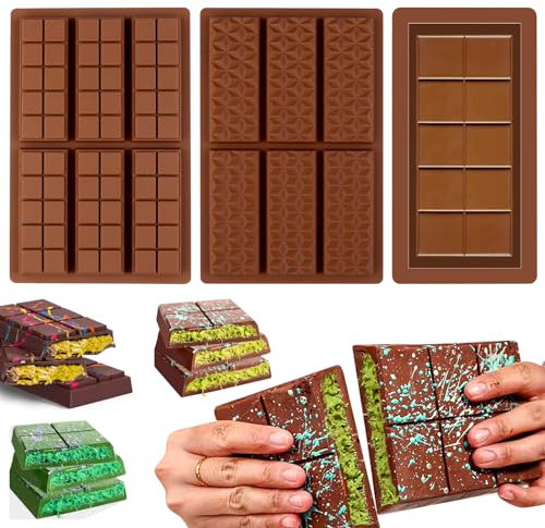 Wikimo 3 pièces moule à chocolat en silicone, antiadhésif Dubai moule à chocolat tablette de chocolat XL Size, moules en silicone cuisson pour faire des bonbons chocolat et crème de pistache
