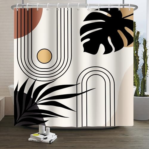 Xiaoterna Rideau de Douche Ligne Soleil Rideau de Douche Abstrait rétro Rideau de Douche Feuilles Noires Soleil Rideau de Douche Rustique Tissu imperméable et Lavable en Machine 180x220cm