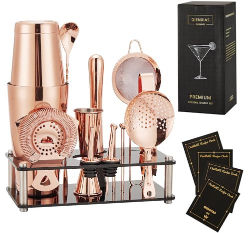 Ensemble Boston Shaker 16 pièces – Kit de cocktail en acier inoxydable avec shaker, filtre, pince à glace, cuillère, doseur, pilon, 4 pics à cocktail et 2 verseurs. (Or rose)