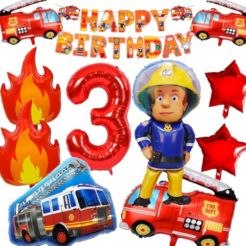 YianHien Feuerwehr Geburtstagsdeko 3 Jahre Jungen, XXL Feuerwehrmann Sam Kinder Geburtstag Luftballons Set Deko für 3 Jahre Kinder, Feuerwehr Theme Party Deko, Kindergeburtstag Folienballon Decoration