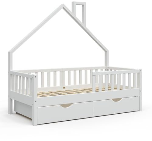 VitaliSpa Hausbett 80x160 cm Noemi mit 2 Schubladen - Weiß 168x155x83 cm gefertigt aus Holz - Bett perfekt für Kinder, hausähnliches Design für behagliches Schlaf