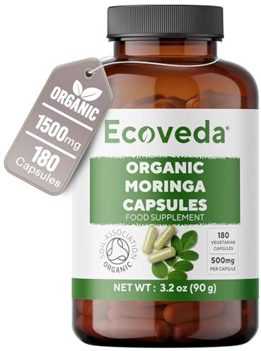 Ecoveda Organic Moringa Capsules, 2 Months Supply, 180 Moringa Powder Organic Capsules, 1500mg High Strength Moringa Supplement and Soil Association Certified, Vegan & Non-GMO (Not Moringa Tablets)